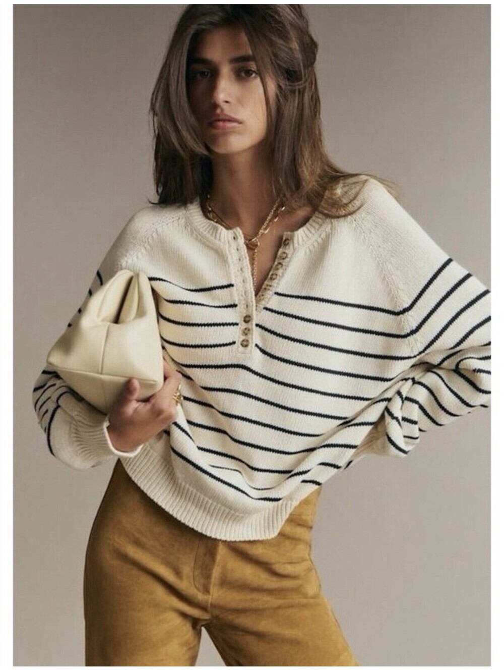 Sezane Ecru White Navy Stripes Henley Women Sz S Organic Cotton Paris
